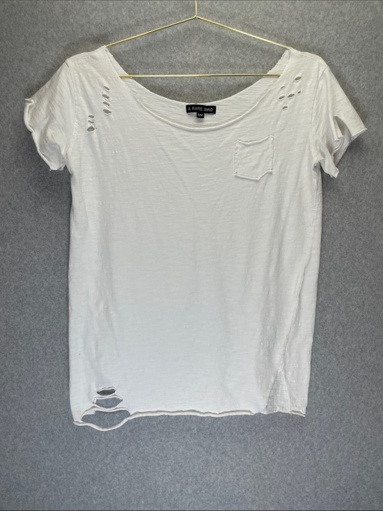 A Rare Bird Tops - A Rare Bird Distressed White Cotton Raw Hem T Shirt Top